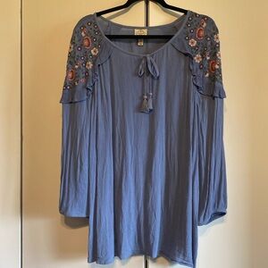 St John’s Bay XXL, 3/4 Sleeve, Blue top w embroidery ruffle detail